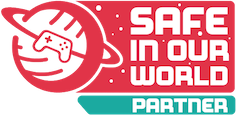 The 'Safe in our world' partner logo formed of a planet being orbited by a video game controller