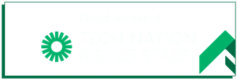 The Technation badge following Kythera's win for Rising Starm featuring a green cog and pointed green arrow mark